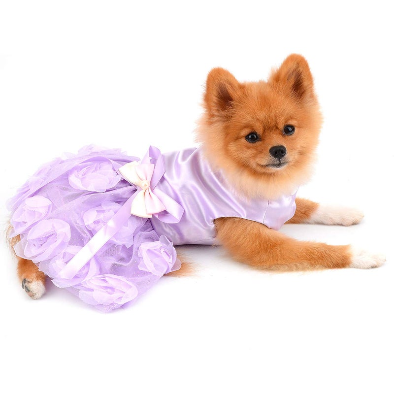 PAIDEFUL Pet Dress for Small Dog Girls Luxury Puppy Wedding Dress Rose Flower Lace Tutu Skirt Silky Bow Birthday Party Dog Clothes,Purple,Size M - Image 2